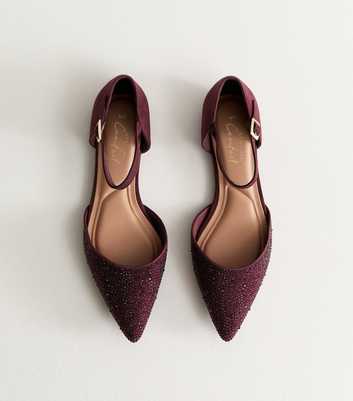Burgundy Bedazzled Pointed Toe Ankle Strap Ballerina Flats