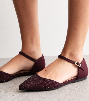 Burgundy Bedazzled Pointed Toe Ankle Strap Ballerina Flats