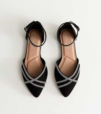 Wide Fit Black Faux Suede Bling Ballerina Pumps
