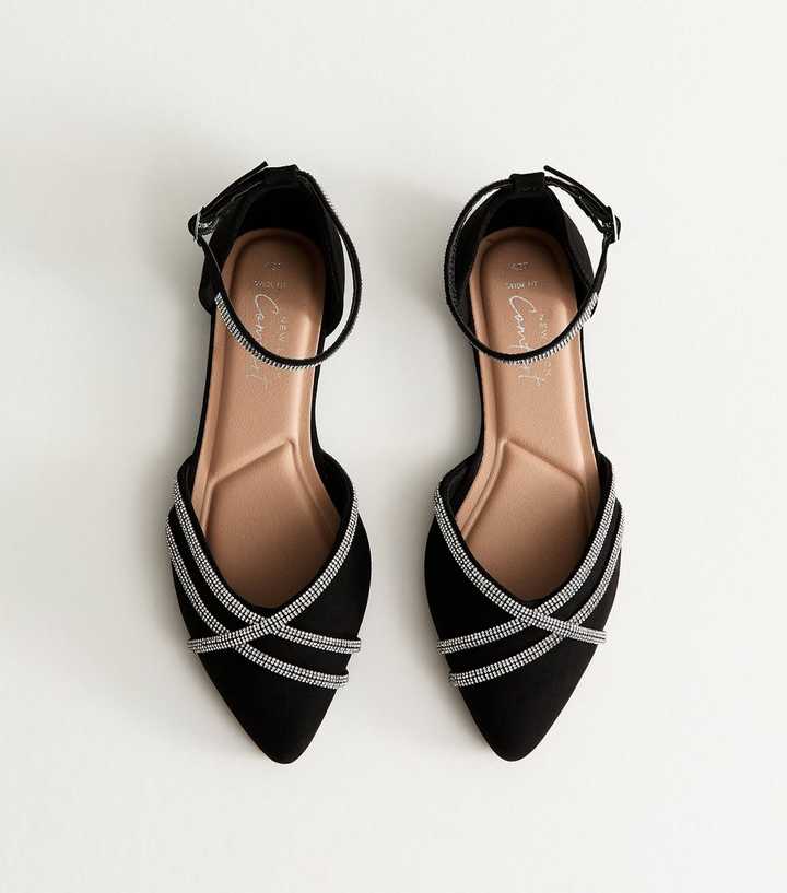 Wide Fit Black Faux Suede Bling Ballerina Pumps