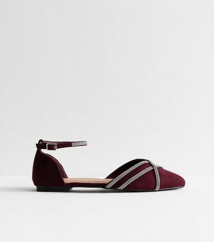 Wide Fit Burgundy Faux Suede Bling Ballerina Pumps