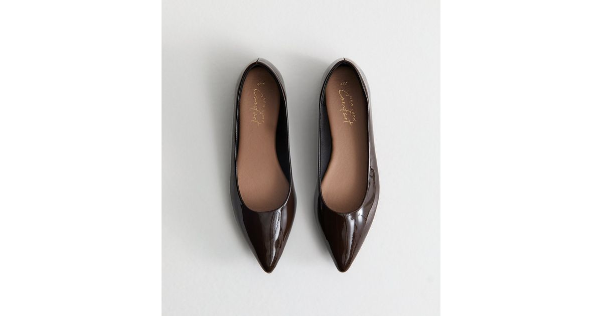 Brown Patent Faux Leather Pointed Toe Ballerina Flats New Look