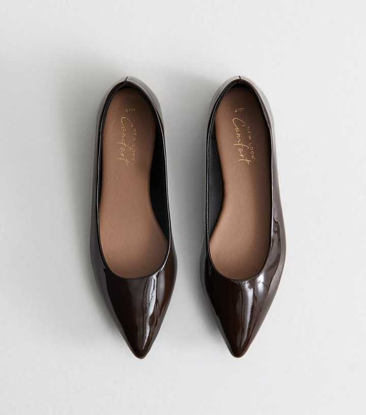 Brown Patent Faux Leather Pointed Toe Ballerina Flats