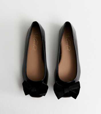 Extra Wide Fit Black Bow Front Faux Patent Ballerina Flats