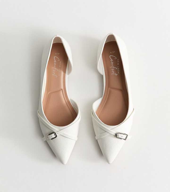 Off White Patent Faux Leather D'Orsay Buckle Detail Flats