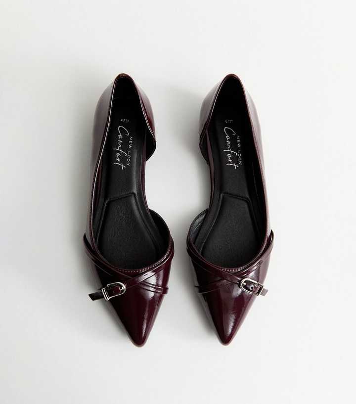 Dark Burgundy Patent Faux Leather D'Orsay Buckle Detail Flats