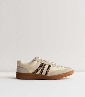 Stone Leopard Trim Panelled Faux Leather Trainers