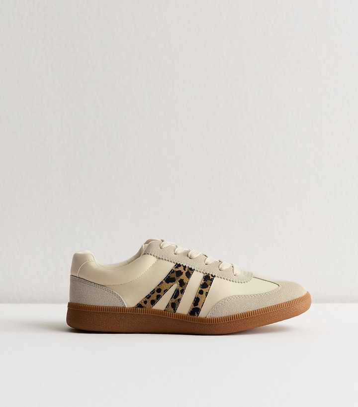 Stone Leopard Trim Panelled Faux Leather Trainers
