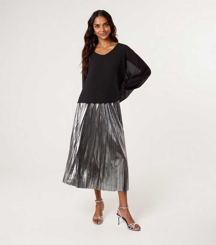 Blue Vanilla Silver Metallic Pleated Midi Skirt