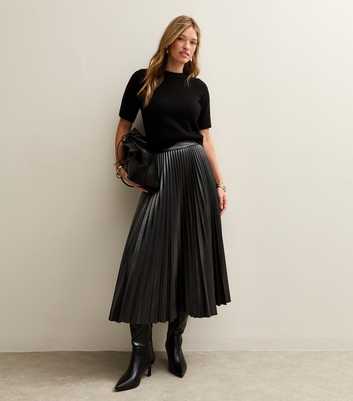 Black Faux Leather Pleated Midi Skirt