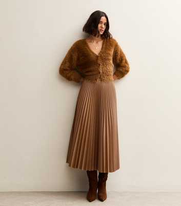 Brown Faux Leather Pleated Midi Skirt