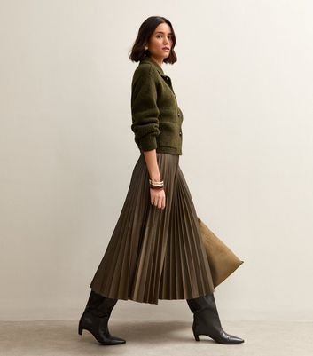 Outfit Khaki Skirt Womens 50 Khaki Faux Leather Pleated Midi Skirt