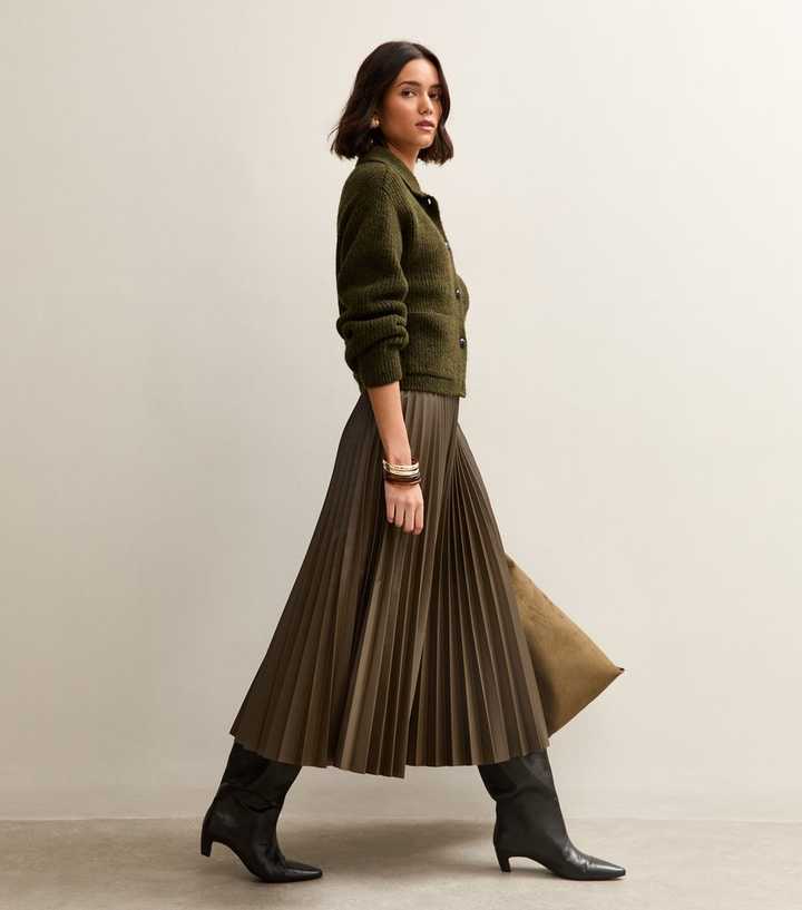 Khaki Faux Leather Pleated Midi Skirt