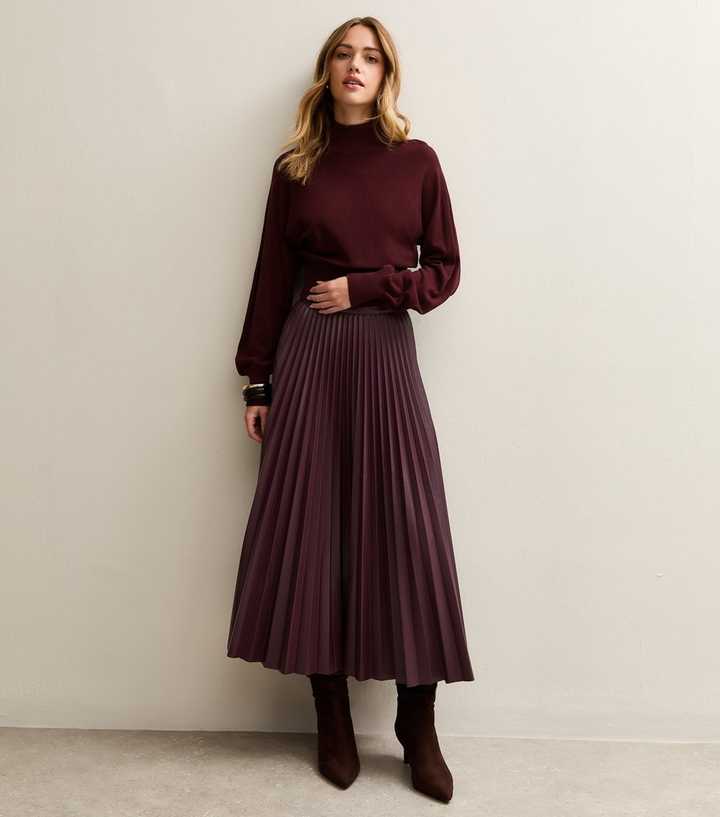Burgundy Faux Leather Pleated Midi Skirt