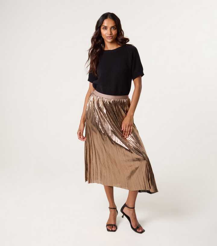 Blue Vanilla Bronze Metallic Pleated Midi Skirt