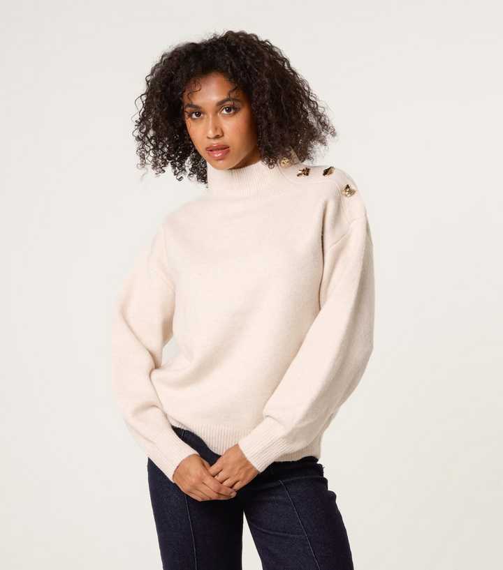 Blue Vanilla Stone High Neck Button Detail Jumper