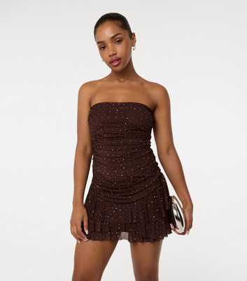 Pink Vanilla Brown Diamante Ruffled Hem Mini Dress