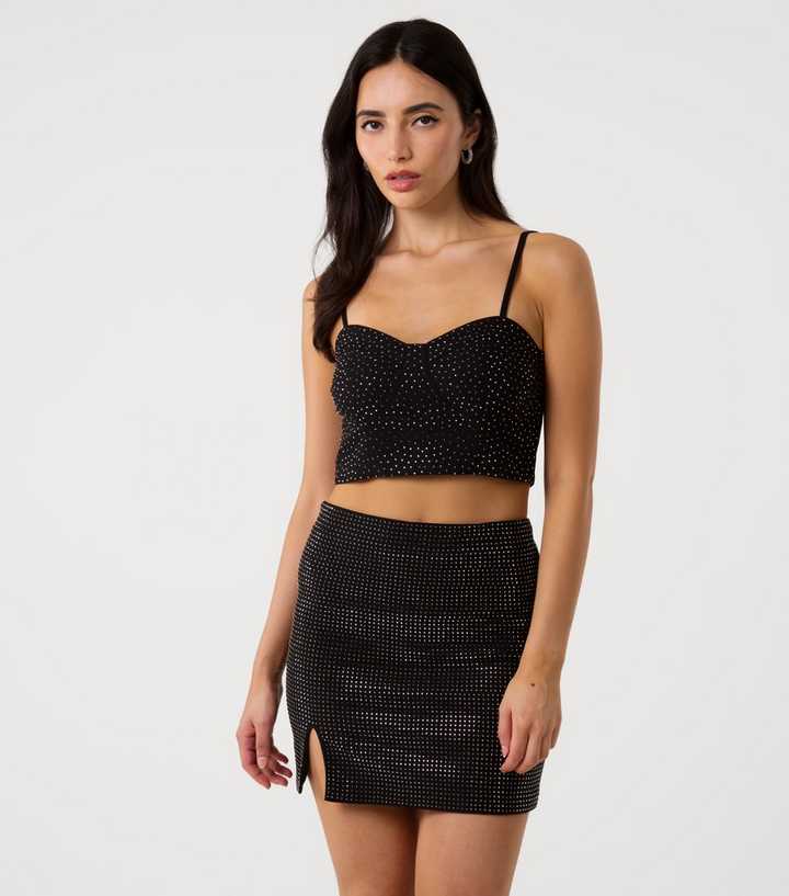 Pink Vanilla Black Diamante Embellished Cropped Top