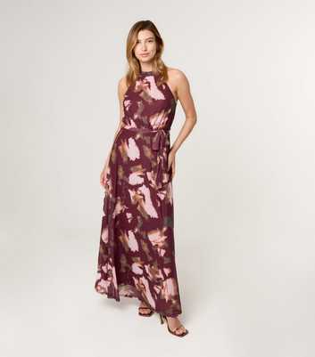 Blue Vanilla Burgundy Floral Print Mesh Halterneck Maxi Dress