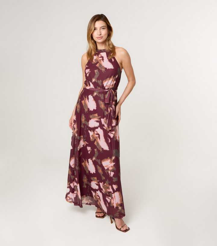 Blue Vanilla Burgundy Floral Print Mesh Halterneck Maxi Dress