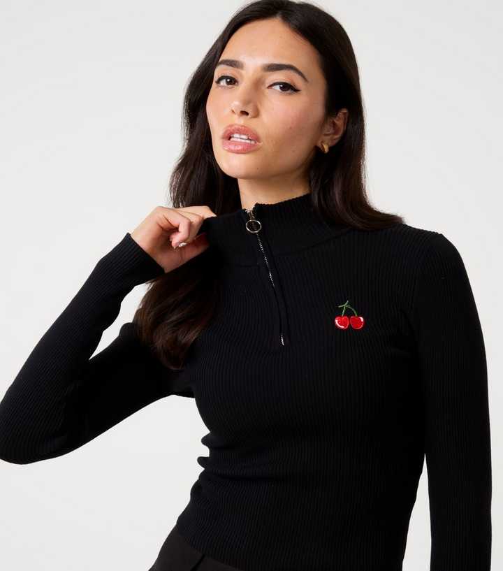 Pink Vanilla Black Half Zip Cherry Embroidery Jumper