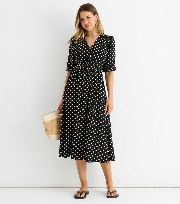Gini London Black Polka Dot Tie Neck Midi Dress