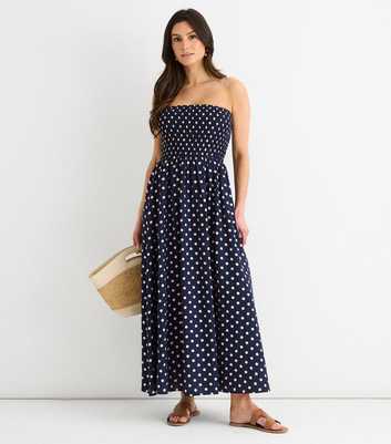 Gini London Navy Polka Dot Shirred Bandeau Midi Dress