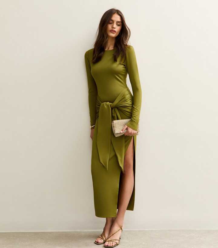 Light Khaki Belted Side Slit Bodycon Midi Dress