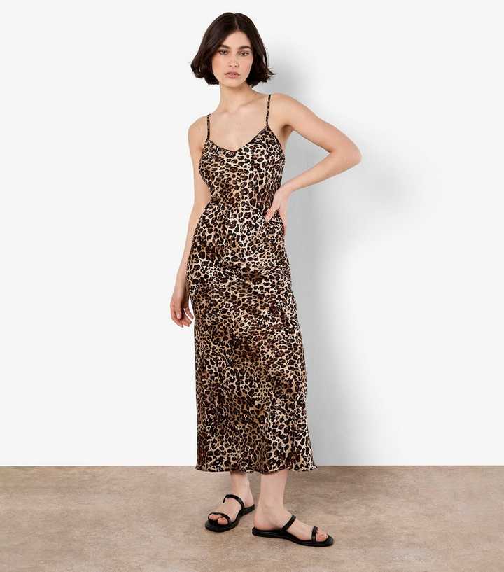 Apricot Brown Leopard Print Textured Slip Dress