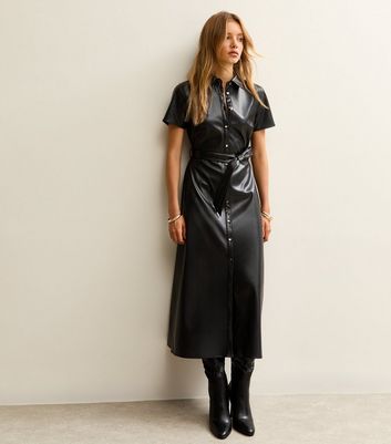 festive jumper dress Lautaro Spring Autumn Slim Black Soft Stretchy Faux Leather Dress Women with Sleeves Zipper Knee Length Designer Clothes Fashion Black / XS main image 1