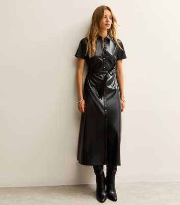Black Faux Leather Short Sleeve Midi Shirt Dress