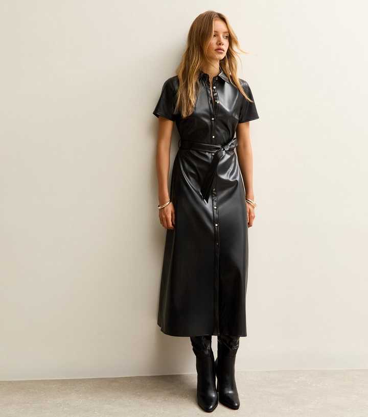 Black Faux Leather Short Sleeve Midi Shirt Dress