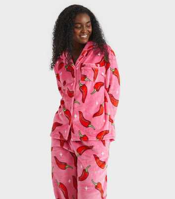 Skinnydip Pink Fleece Chilli Print Shirt and Trousers Pyjama Set