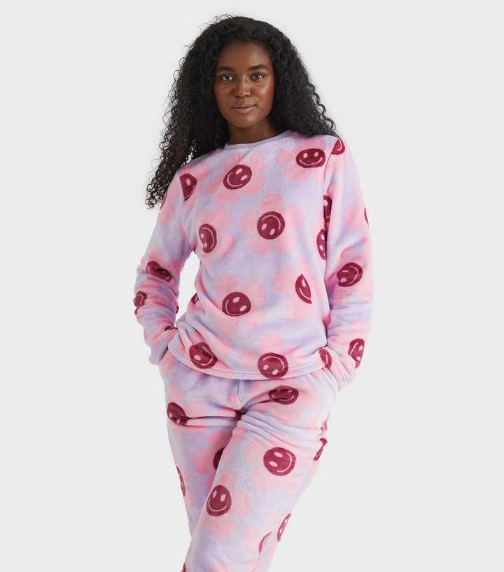 Skinnydip Lilac Happy Flower Two Piece Fleece Pyjama Set