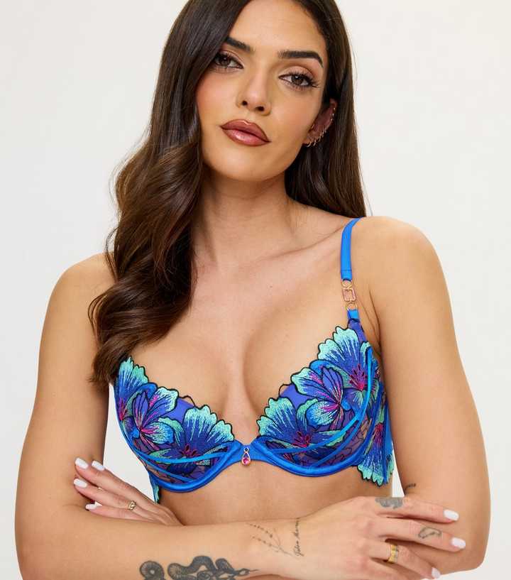 Ann Summers Blue Fluorescent Floral Padded Plunge Bra
