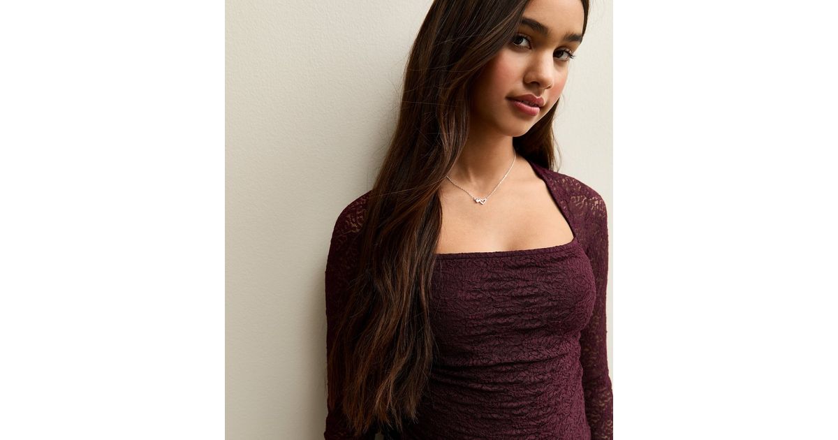 Girls Dark Burgundy Long Sleeve Lace Bolero Top New Look