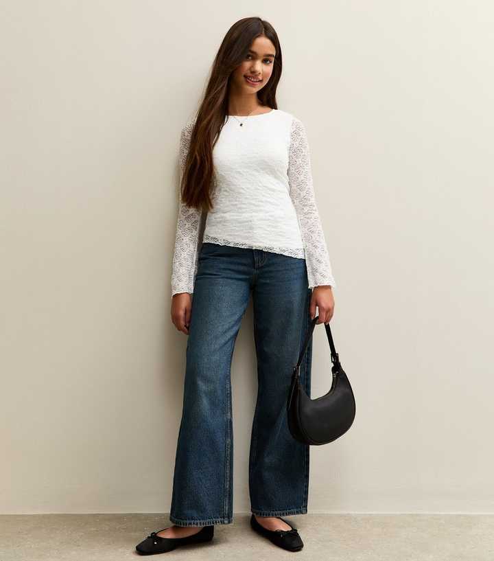 Girls White Long Sleeve Lace Asymmetric Hem Top