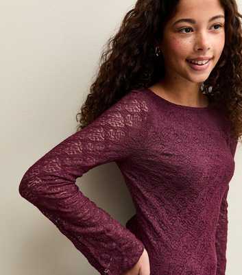 Girls Dark Burgundy Long Sleeve Lace Asymmetric Hem Top