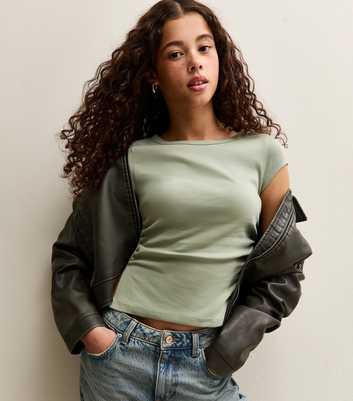 Girls Khaki Split Side Ruched Cap Sleeve Top