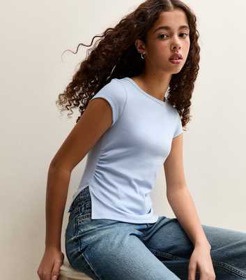 Girls Light Blue Split Side Ruched Cap Sleeve Top