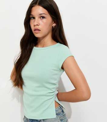 Girls Turquoise Split Side Ruched Cap Sleeve Top