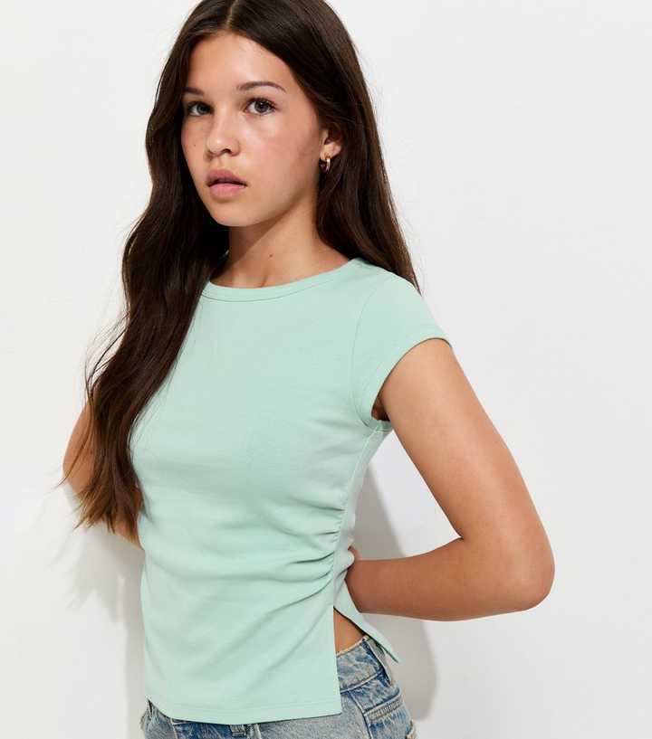 Girls Turquoise Split Side Ruched Cap Sleeve Top