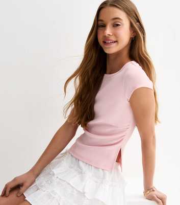 Girls Light Pink Split Side Ruched Cap Sleeve Top