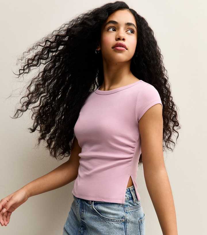 Girls Pink Split Side Ruched Cap Sleeve Top