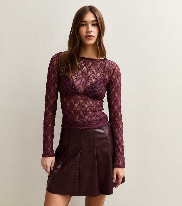 Burgundy Boat Neck Lace Long Sleeve Top