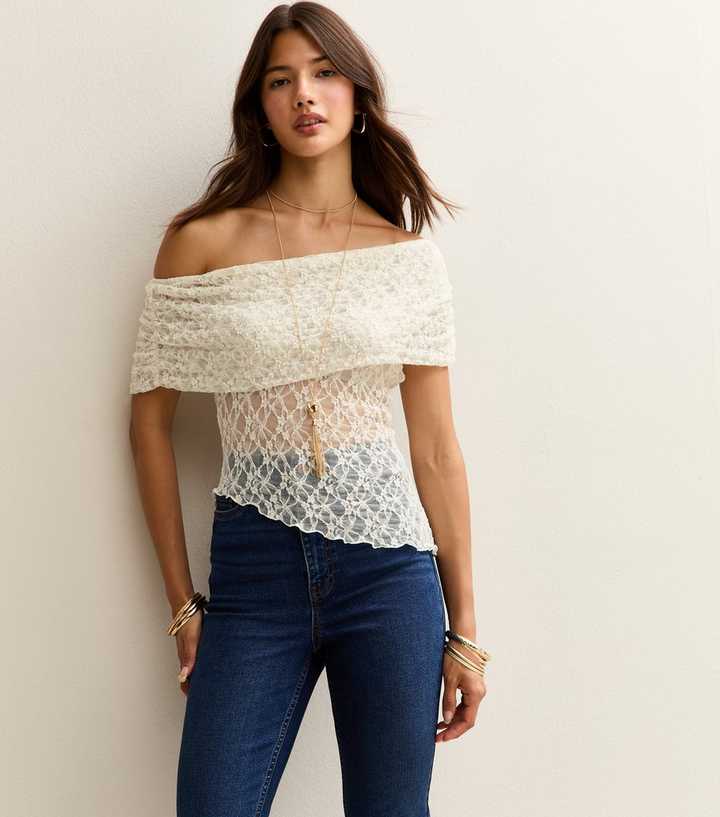 White Lace Off Shoulder Asymmetric Semi Sheer Top