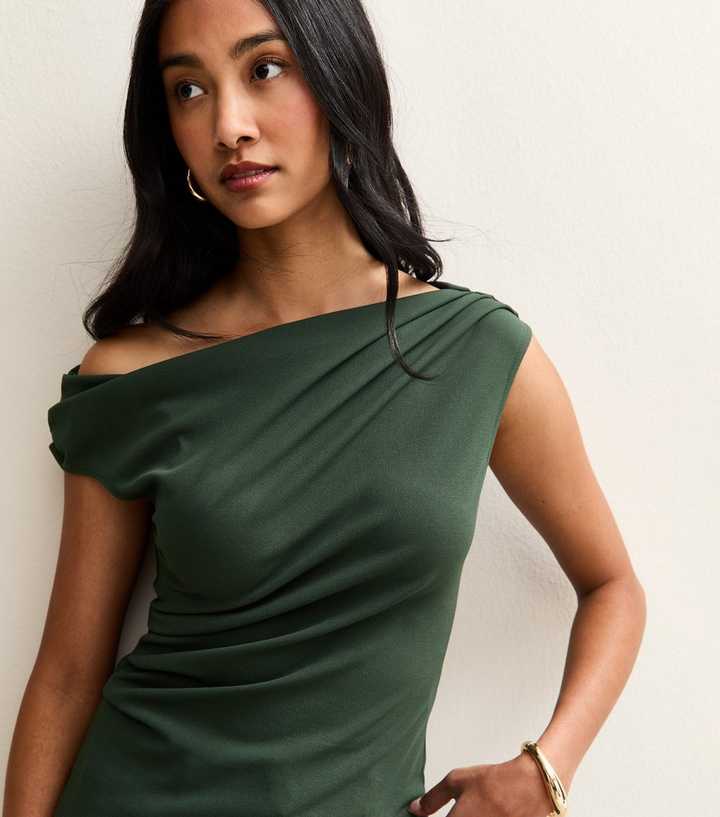 Dark Green Gathered Off The Shoulder Top