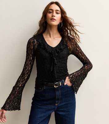 Black Lace Ruffle Trimmed Long Sleeve Top