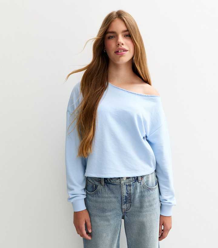 Girls Light Blue Off Shoulder Sweatshirt