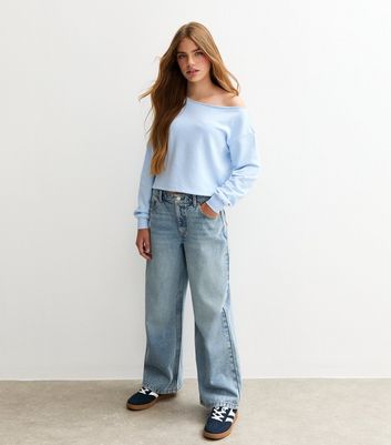Girls Light Blue Off Shoulder Sweatshirt